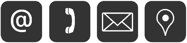 Contact icons, including email, phone, and location.