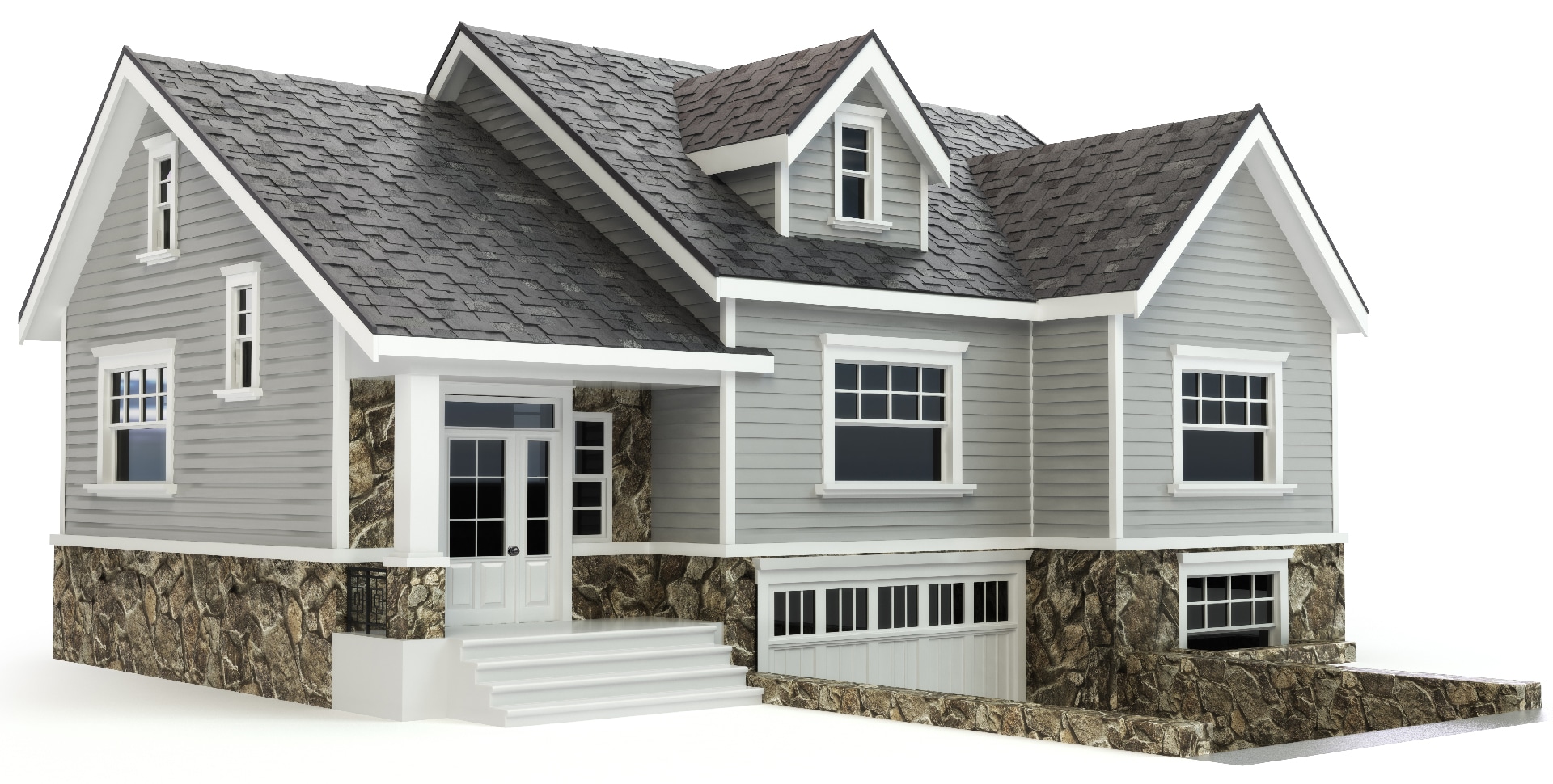 House on isolated, white, cutout background. with sloped roof and asphalt shingles.