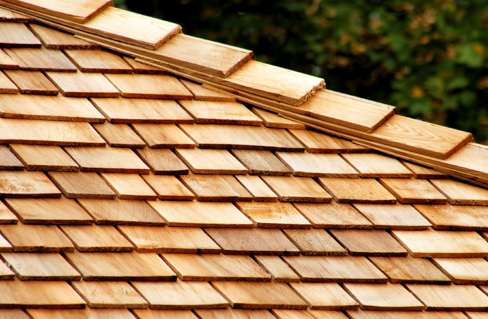 Wooden shingles on a sloped roof.